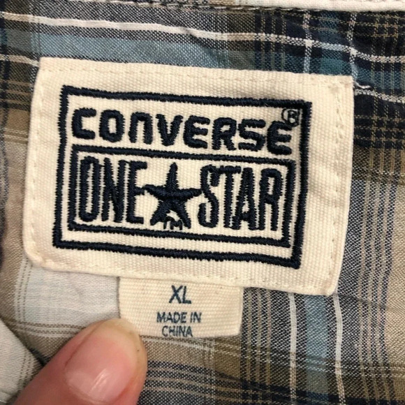 Converse One Star Plaid Long Sleeve Button down shirt Navy/Tan EUC Men’s Size XL - Picture 3 of 5